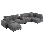 Clihome 140'' Oversized Modular Sectional Sofa with Movable Storage Ottoman,Cup Holder,Wide Seat,USB Charger,6 Seat U Shaped Corduroy Couch