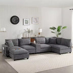 Canapé modulable surdimensionné Clihome 140'' avec pouf de rangement mobile, porte-gobelet, siège large, chargeur USB, canapé en velours côtelé en forme de U à 6 places