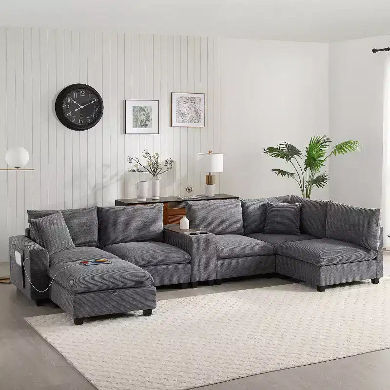 Canapé modulable surdimensionné Clihome 140'' avec pouf de rangement mobile, porte-gobelet, siège large, chargeur USB, canapé en velours côtelé en forme de U à 6 places