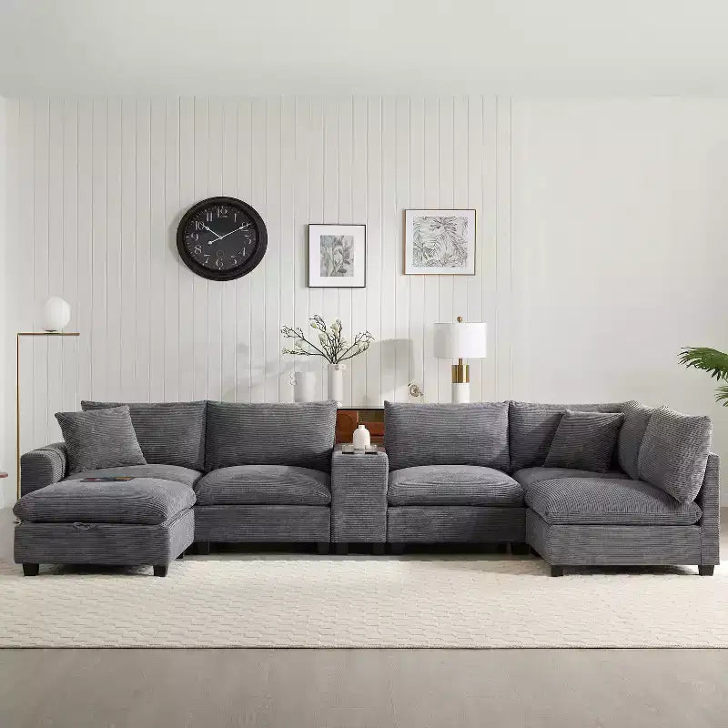 Canapé modulable surdimensionné Clihome 140'' avec pouf de rangement mobile, porte-gobelet, siège large, chargeur USB, canapé en velours côtelé en forme de U à 6 places