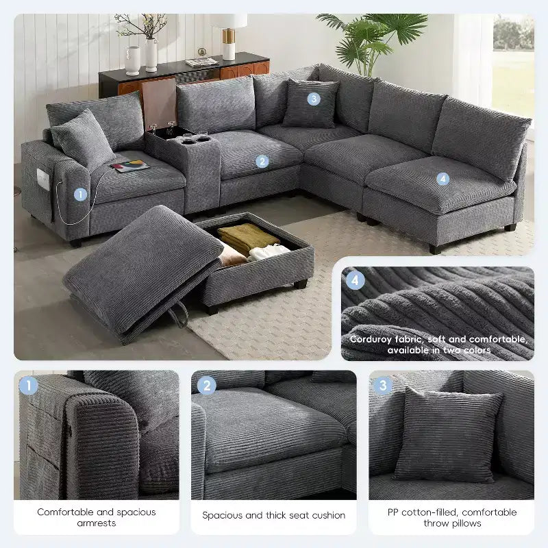 Canapé modulable surdimensionné Clihome 140'' avec pouf de rangement mobile, porte-gobelet, siège large, chargeur USB, canapé en velours côtelé en forme de U à 6 places