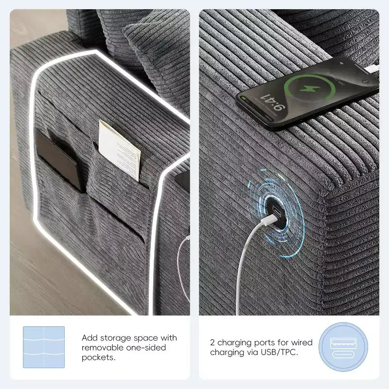 Canapé modulable surdimensionné Clihome 140'' avec pouf de rangement mobile, porte-gobelet, siège large, chargeur USB, canapé en velours côtelé en forme de U à 6 places