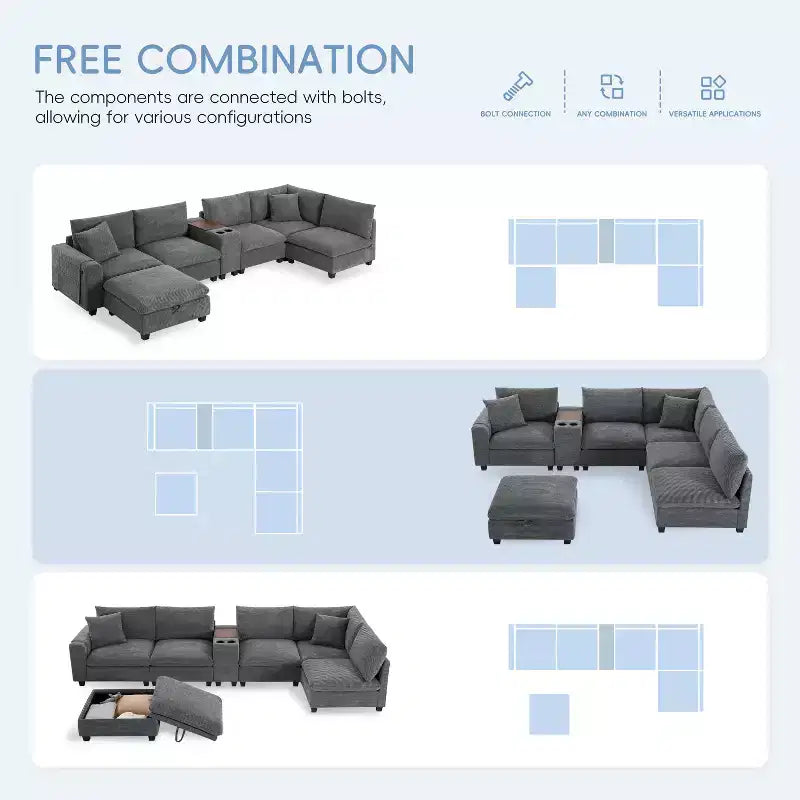 Canapé modulable surdimensionné Clihome 140'' avec pouf de rangement mobile, porte-gobelet, siège large, chargeur USB, canapé en velours côtelé en forme de U à 6 places