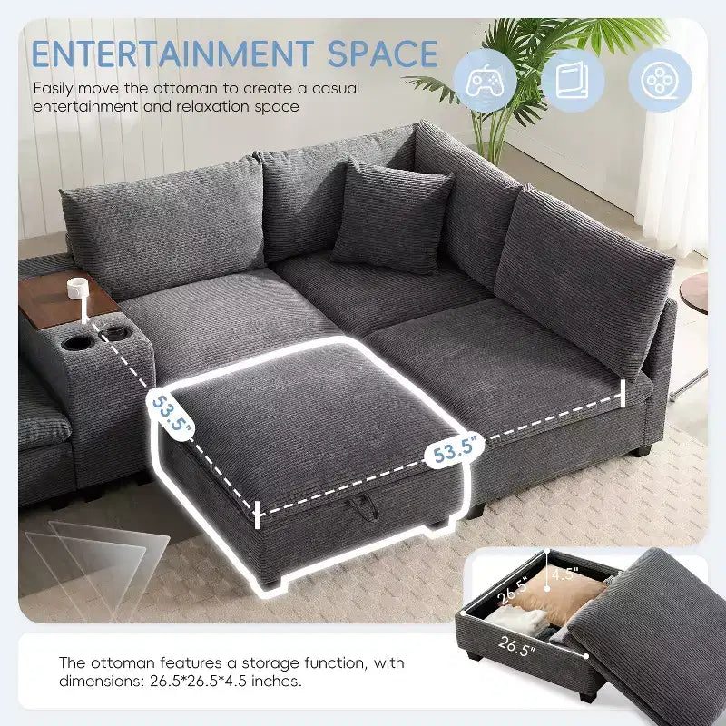Canapé modulable surdimensionné Clihome 140'' avec pouf de rangement mobile, porte-gobelet, siège large, chargeur USB, canapé en velours côtelé en forme de U à 6 places