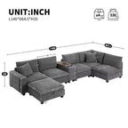 Canapé modulable surdimensionné Clihome 140'' avec pouf de rangement mobile, porte-gobelet, siège large, chargeur USB, canapé en velours côtelé en forme de U à 6 places
