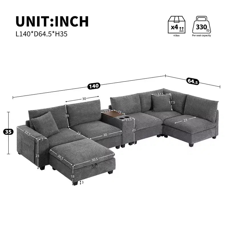 Canapé modulable surdimensionné Clihome 140'' avec pouf de rangement mobile, porte-gobelet, siège large, chargeur USB, canapé en velours côtelé en forme de U à 6 places