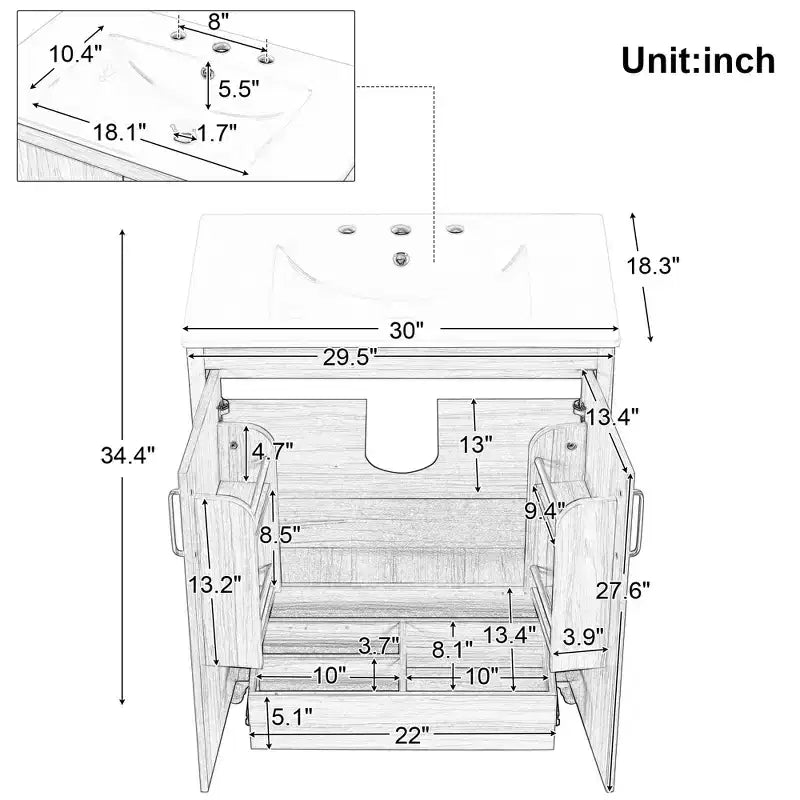 Meuble-lavabo de salle de bain avec vasque en céramique, meuble de rangement de salle de bain autoportant à vasque simple avec étagères et tiroir Naturel