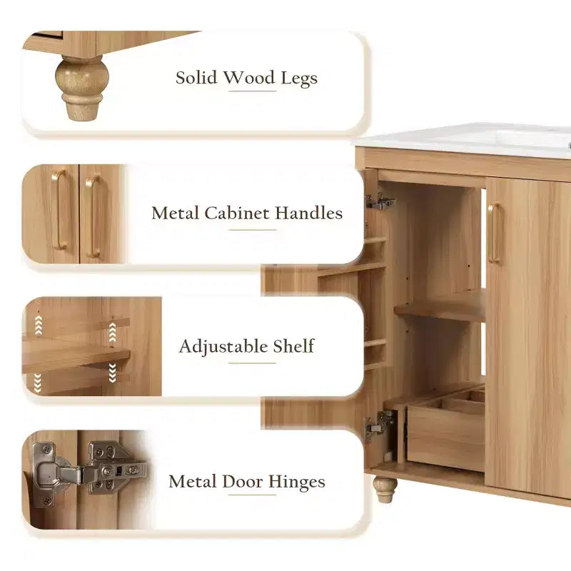 Meuble-lavabo de salle de bain avec vasque en céramique, meuble de rangement de salle de bain autoportant à vasque simple avec étagères et tiroir Naturel