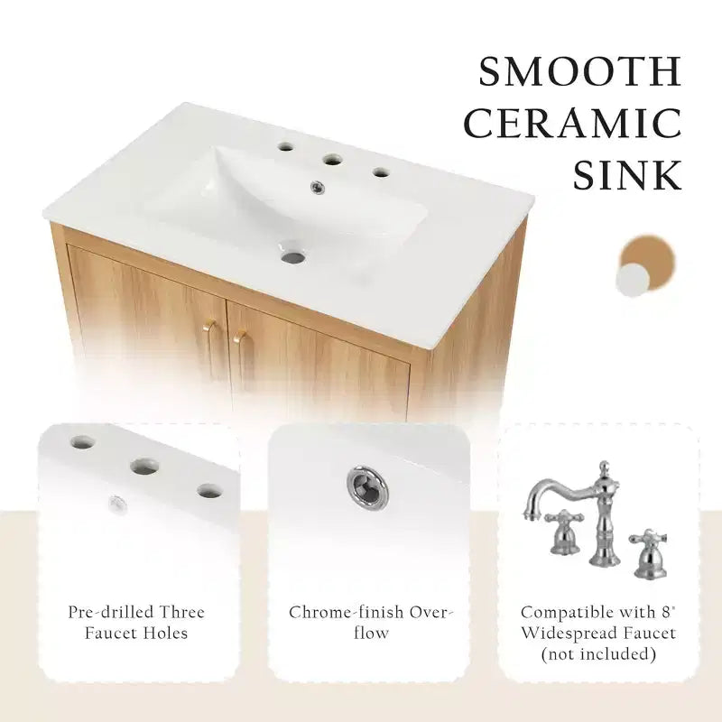 Meuble-lavabo de salle de bain avec vasque en céramique, meuble de rangement de salle de bain autoportant à vasque simple avec étagères et tiroir Naturel