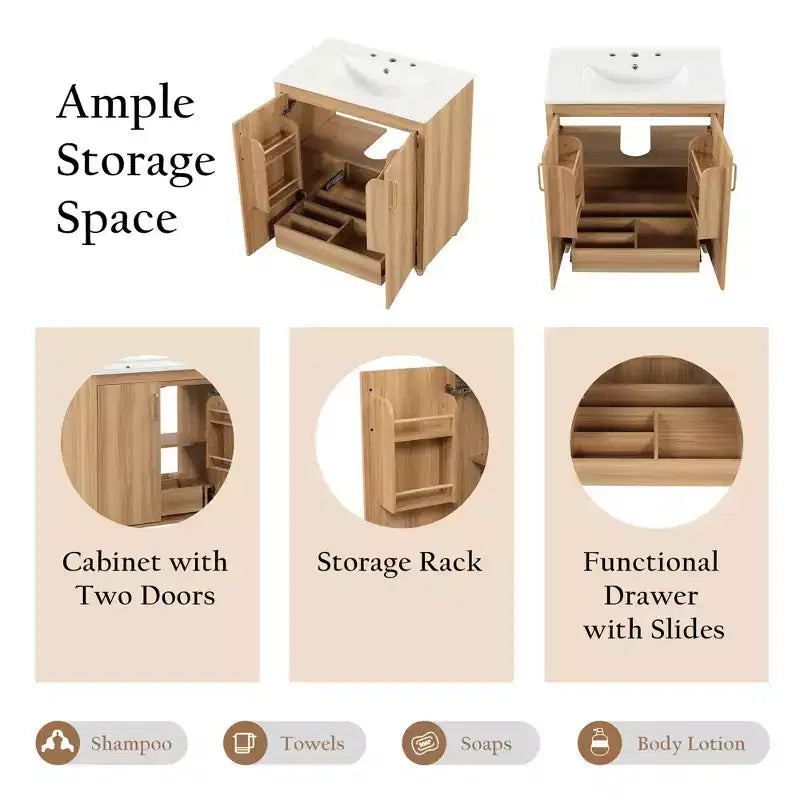 Meuble-lavabo de salle de bain avec vasque en céramique, meuble de rangement de salle de bain autoportant à vasque simple avec étagères et tiroir Naturel
