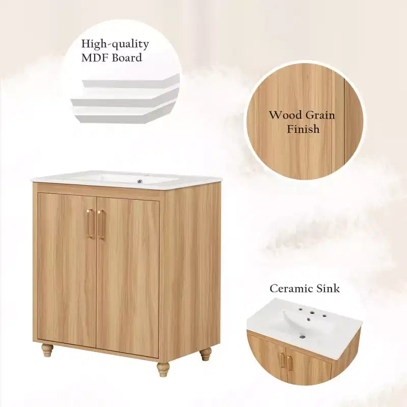 Meuble-lavabo de salle de bain avec vasque en céramique, meuble de rangement de salle de bain autoportant à vasque simple avec étagères et tiroir Naturel