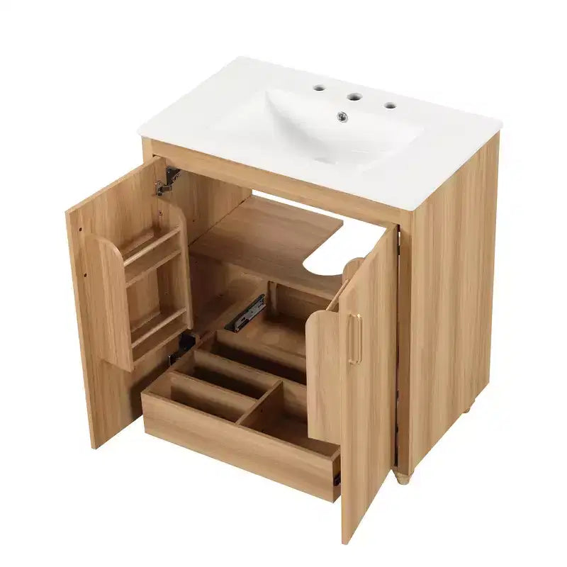 Meuble-lavabo de salle de bain avec vasque en céramique, meuble de rangement de salle de bain autoportant à vasque simple avec étagères et tiroir Naturel