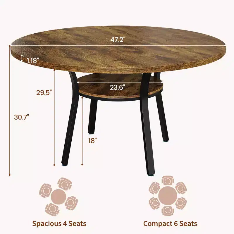 Table à manger ronde pour 4-6 personnes, table de cuisine de 119 cm avec rangement, table de dîner circulaire en bois avec pieds en métal, tables de salle à manger modernes pour la cuisine.