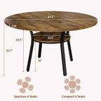 Table à manger ronde pour 4-6 personnes, table de cuisine de 119 cm avec rangement, table de dîner circulaire en bois avec pieds en métal, tables de salle à manger modernes pour la cuisine.