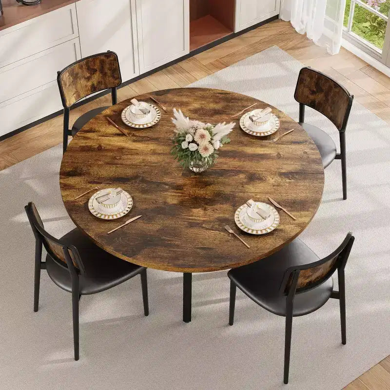 Table à manger ronde pour 4-6 personnes, table de cuisine de 119 cm avec rangement, table de dîner circulaire en bois avec pieds en métal, tables de salle à manger modernes pour la cuisine.