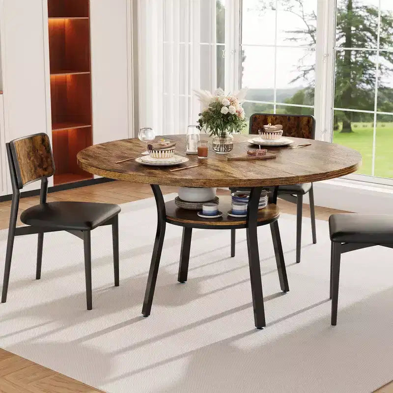 Table à manger ronde pour 4-6 personnes, table de cuisine de 119 cm avec rangement, table de dîner circulaire en bois avec pieds en métal, tables de salle à manger modernes pour la cuisine.