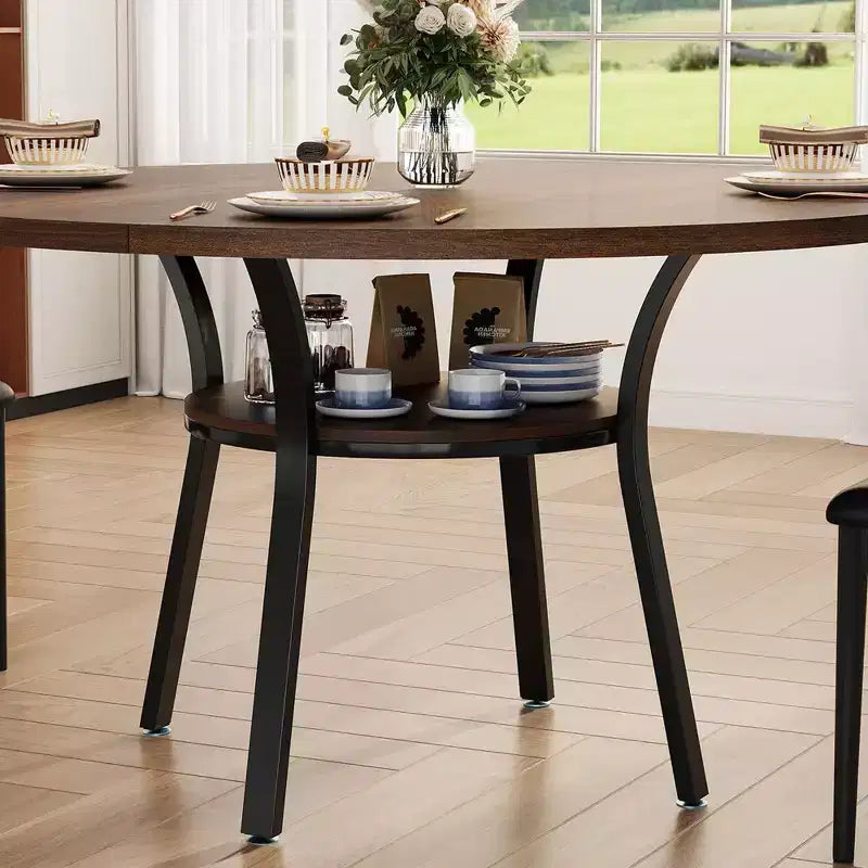 Table à manger ronde pour 4-6 personnes, table de cuisine de 119 cm avec rangement, table de dîner circulaire en bois avec pieds en métal, tables de salle à manger modernes pour la cuisine.