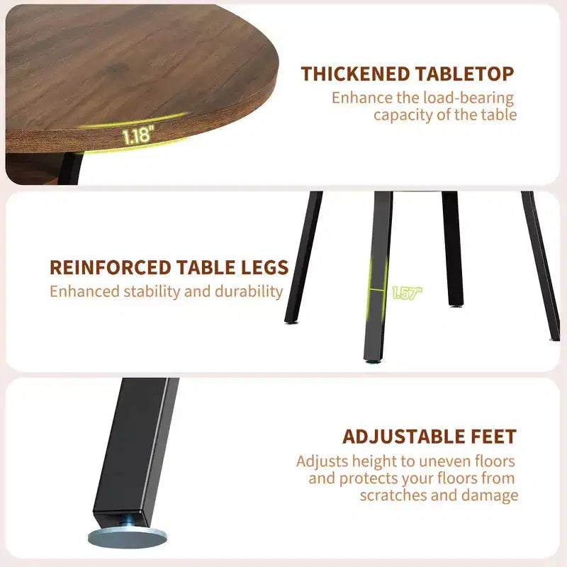 Table à manger ronde pour 4-6 personnes, table de cuisine de 119 cm avec rangement, table de dîner circulaire en bois avec pieds en métal, tables de salle à manger modernes pour la cuisine.