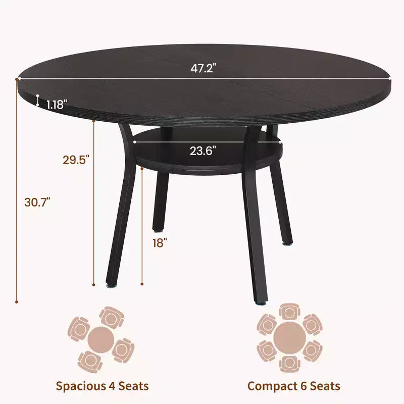 Table à manger ronde pour 4-6 personnes, table de cuisine de 119 cm avec rangement, table de dîner circulaire en bois avec pieds en métal, tables de salle à manger modernes pour la cuisine.
