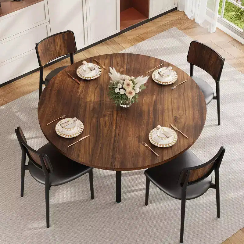 Table à manger ronde pour 4-6 personnes, table de cuisine de 119 cm avec rangement, table de dîner circulaire en bois avec pieds en métal, tables de salle à manger modernes pour la cuisine.