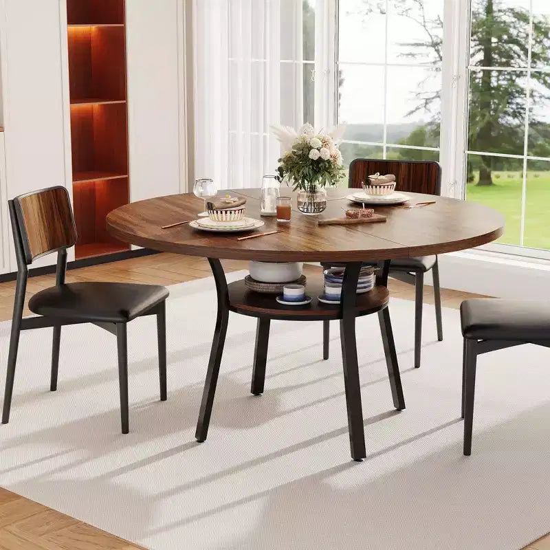 Table à manger ronde pour 4-6 personnes, table de cuisine de 119 cm avec rangement, table de dîner circulaire en bois avec pieds en métal, tables de salle à manger modernes pour la cuisine.