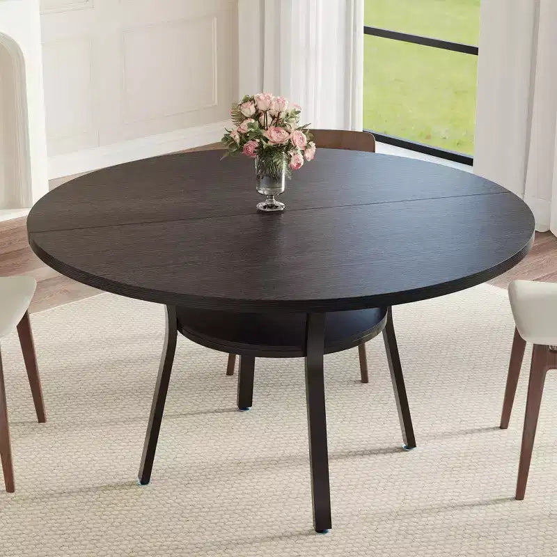Table à manger ronde pour 4-6 personnes, table de cuisine de 119 cm avec rangement, table de dîner circulaire en bois avec pieds en métal, tables de salle à manger modernes pour la cuisine.
