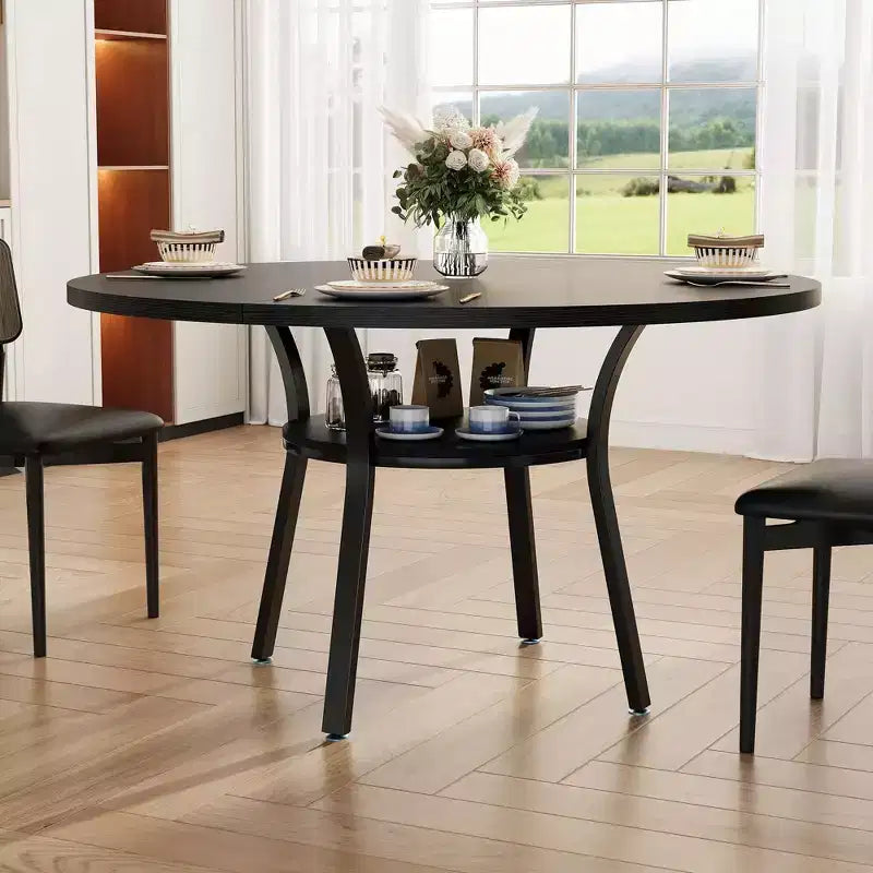 Table à manger ronde pour 4-6 personnes, table de cuisine de 119 cm avec rangement, table de dîner circulaire en bois avec pieds en métal, tables de salle à manger modernes pour la cuisine.