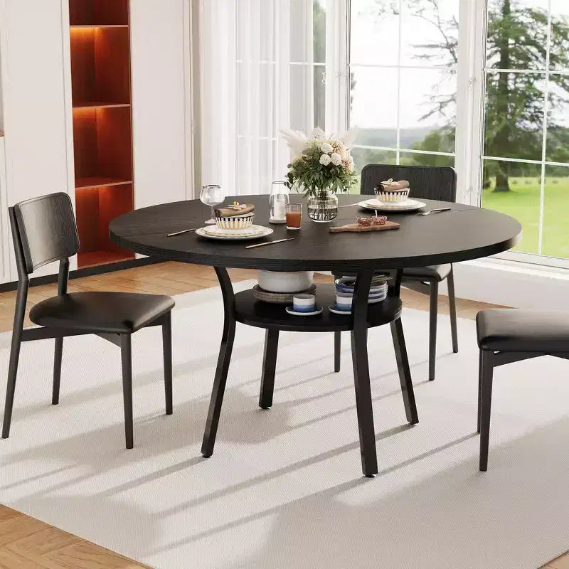 Table à manger ronde pour 4-6 personnes, table de cuisine de 119 cm avec rangement, table de dîner circulaire en bois avec pieds en métal, tables de salle à manger modernes pour la cuisine.