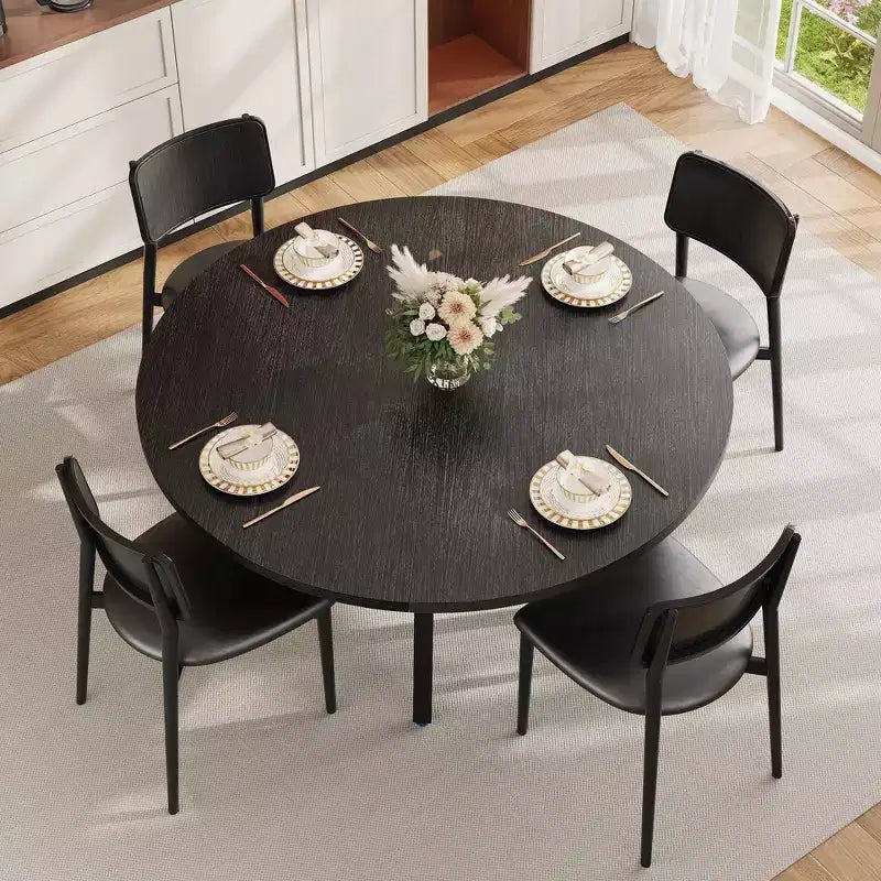 Table à manger ronde pour 4-6 personnes, table de cuisine de 119 cm avec rangement, table de dîner circulaire en bois avec pieds en métal, tables de salle à manger modernes pour la cuisine.