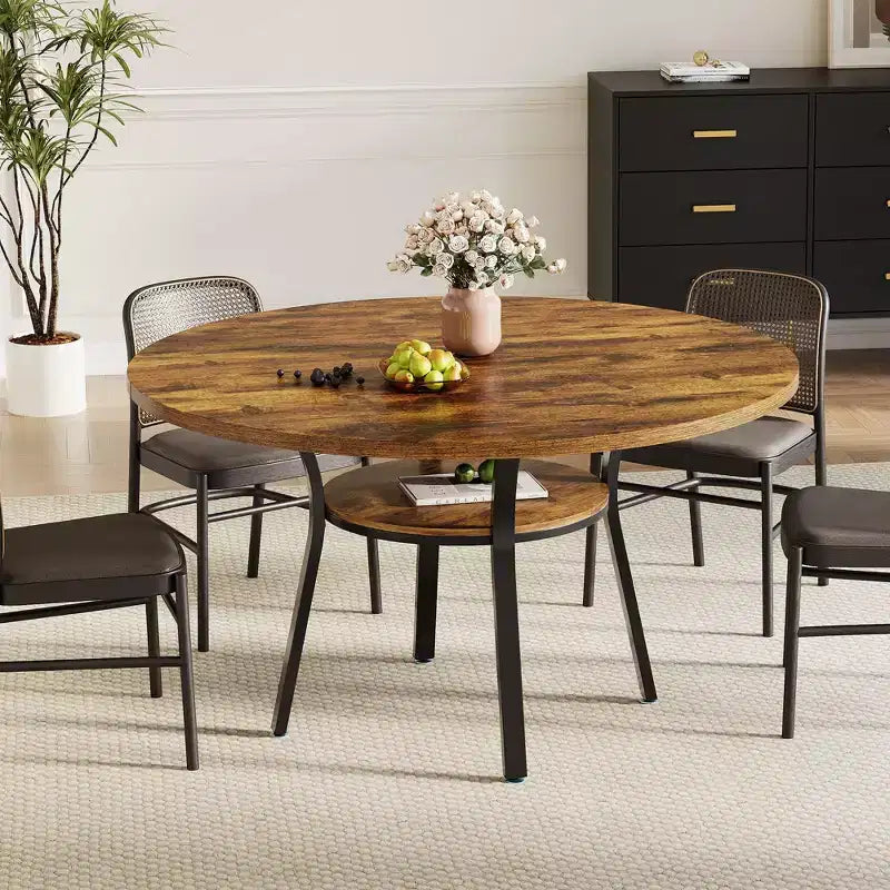 Table à manger ronde pour 4-6 personnes, table de cuisine de 119 cm avec rangement, table de dîner circulaire en bois avec pieds en métal, tables de salle à manger modernes pour la cuisine.