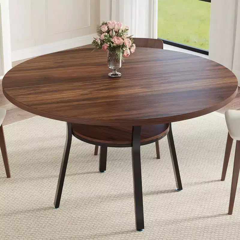 Table à manger ronde pour 4-6 personnes, table de cuisine de 119 cm avec rangement, table de dîner circulaire en bois avec pieds en métal, tables de salle à manger modernes pour la cuisine.