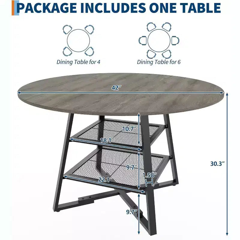 Acekool Table à manger ronde 119 cm avec étagère de rangement, Table de cuisine avec base en métal pour 4-6 personnes