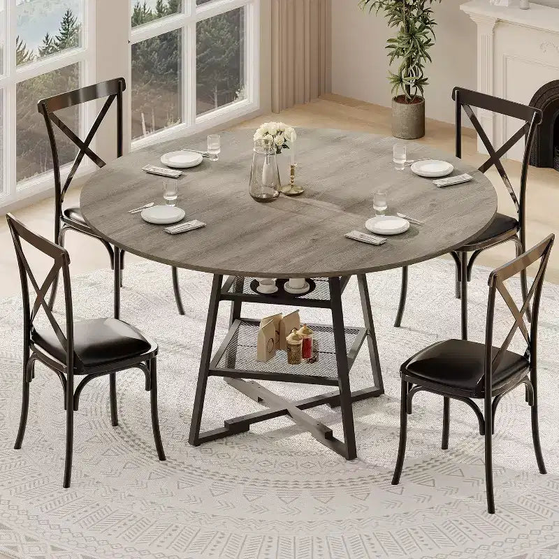 Acekool Table à manger ronde 119 cm avec étagère de rangement, Table de cuisine avec base en métal pour 4-6 personnes