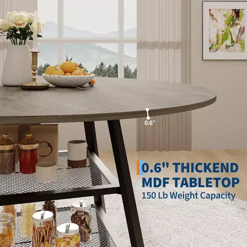 Acekool Table à manger ronde 119 cm avec étagère de rangement, Table de cuisine avec base en métal pour 4-6 personnes