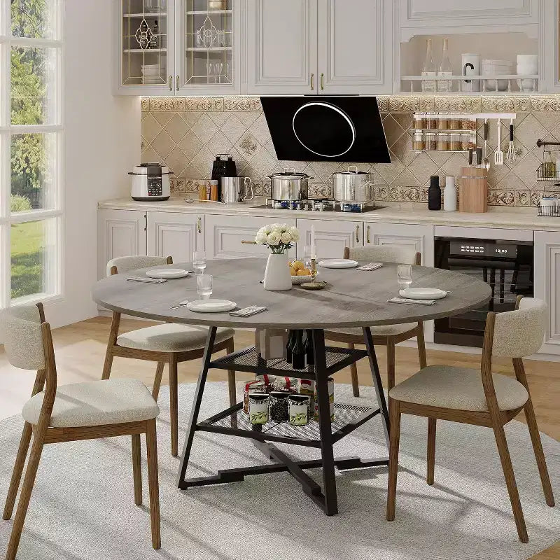 Acekool Table à manger ronde 119 cm avec étagère de rangement, Table de cuisine avec base en métal pour 4-6 personnes