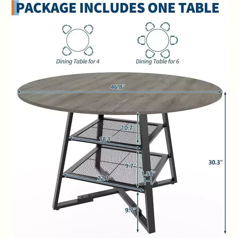 Acekool Table à manger ronde 119 cm avec étagère de rangement, Table de cuisine avec base en métal pour 4-6 personnes
