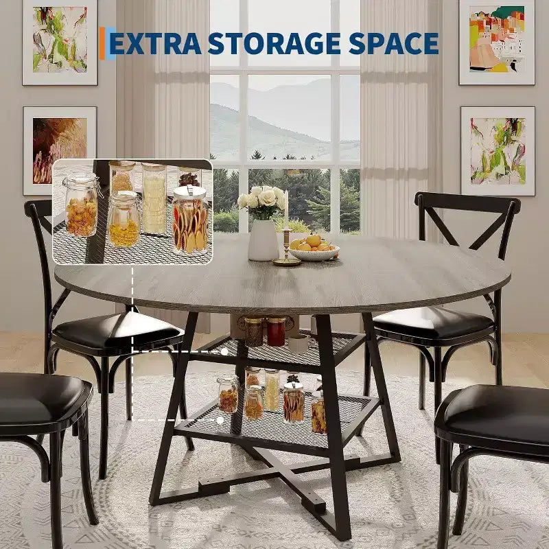 Acekool Table à manger ronde 119 cm avec étagère de rangement, Table de cuisine avec base en métal pour 4-6 personnes