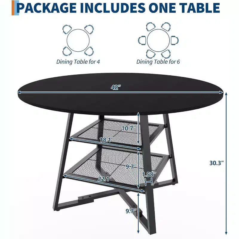 Acekool Table à manger ronde 119 cm avec étagère de rangement, Table de cuisine avec base en métal pour 4-6 personnes