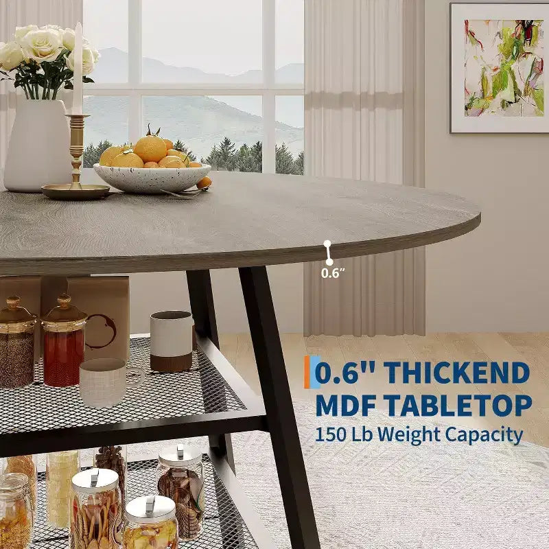 Acekool Table à manger ronde 119 cm avec étagère de rangement, Table de cuisine avec base en métal pour 4-6 personnes