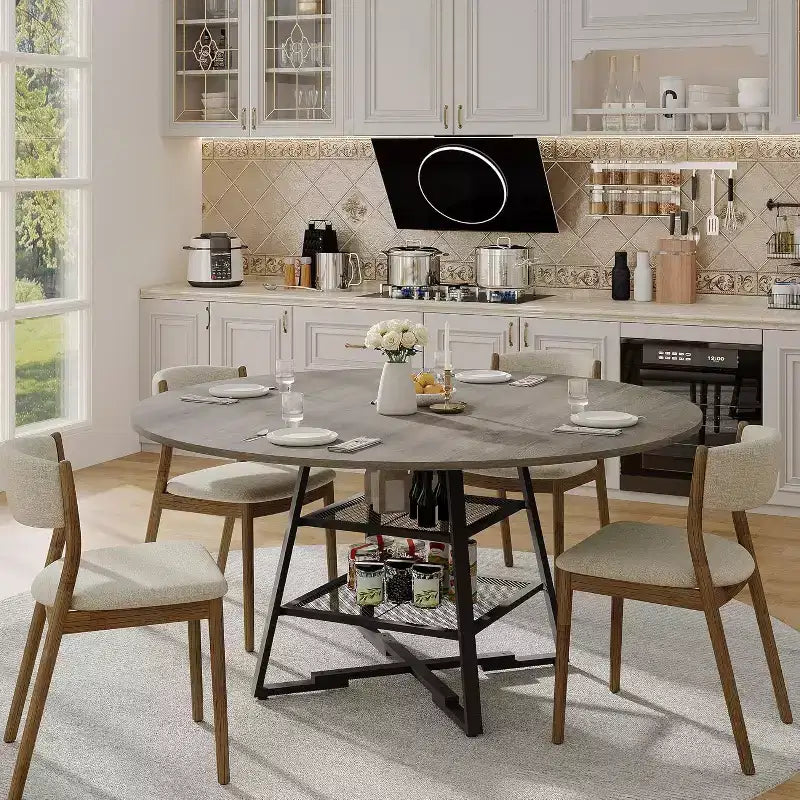Acekool Table à manger ronde 119 cm avec étagère de rangement, Table de cuisine avec base en métal pour 4-6 personnes