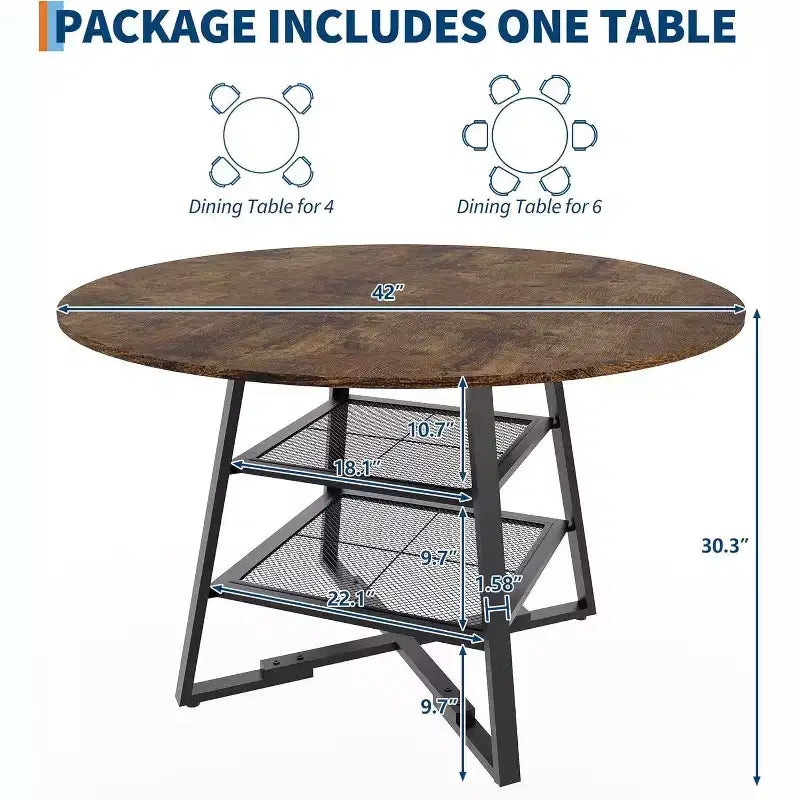 Acekool Table à manger ronde 119 cm avec étagère de rangement, Table de cuisine avec base en métal pour 4-6 personnes