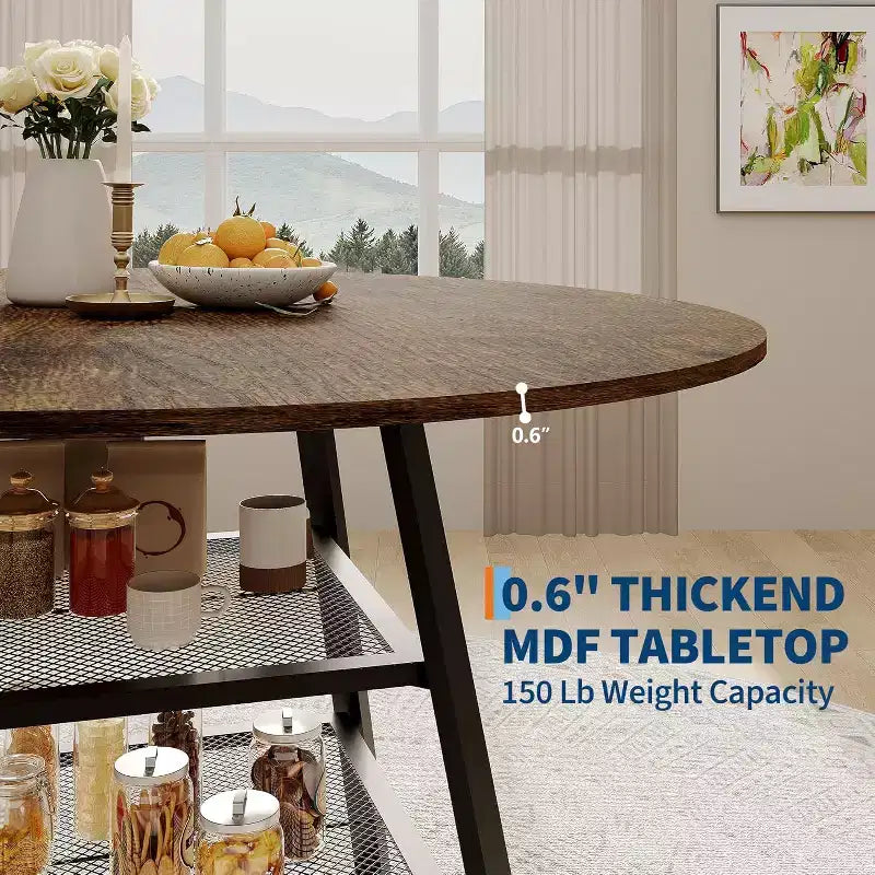 Acekool Table à manger ronde 119 cm avec étagère de rangement, Table de cuisine avec base en métal pour 4-6 personnes