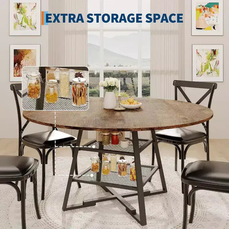 Acekool Table à manger ronde 119 cm avec étagère de rangement, Table de cuisine avec base en métal pour 4-6 personnes