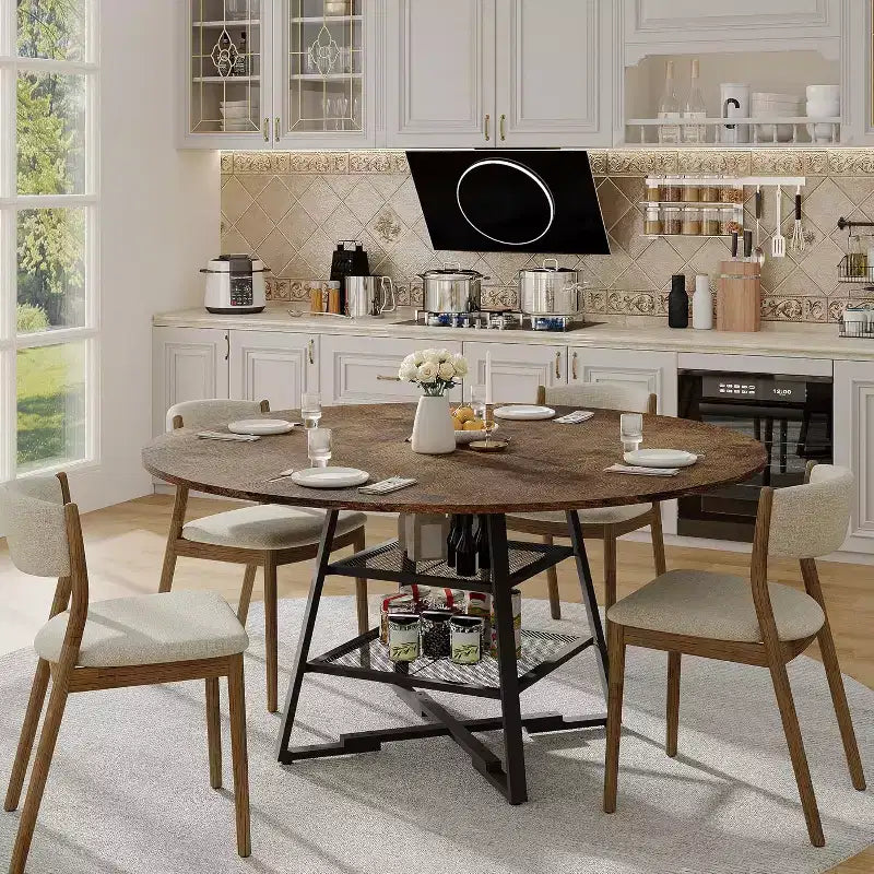 Acekool Table à manger ronde 119 cm avec étagère de rangement, Table de cuisine avec base en métal pour 4-6 personnes