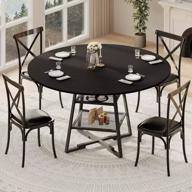 Acekool Table à manger ronde 119 cm avec étagère de rangement, Table de cuisine avec base en métal pour 4-6 personnes