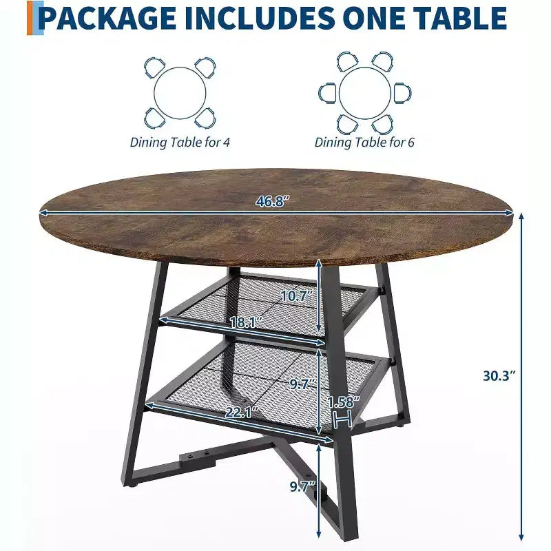 Acekool Table à manger ronde 119 cm avec étagère de rangement, Table de cuisine avec base en métal pour 4-6 personnes