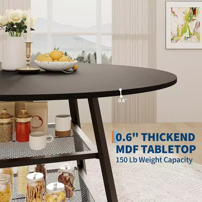 Acekool Table à manger ronde 119 cm avec étagère de rangement, Table de cuisine avec base en métal pour 4-6 personnes