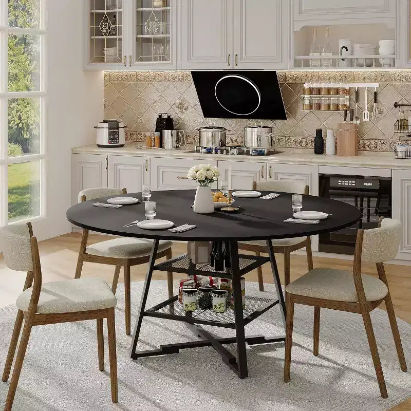 Acekool Table à manger ronde 119 cm avec étagère de rangement, Table de cuisine avec base en métal pour 4-6 personnes