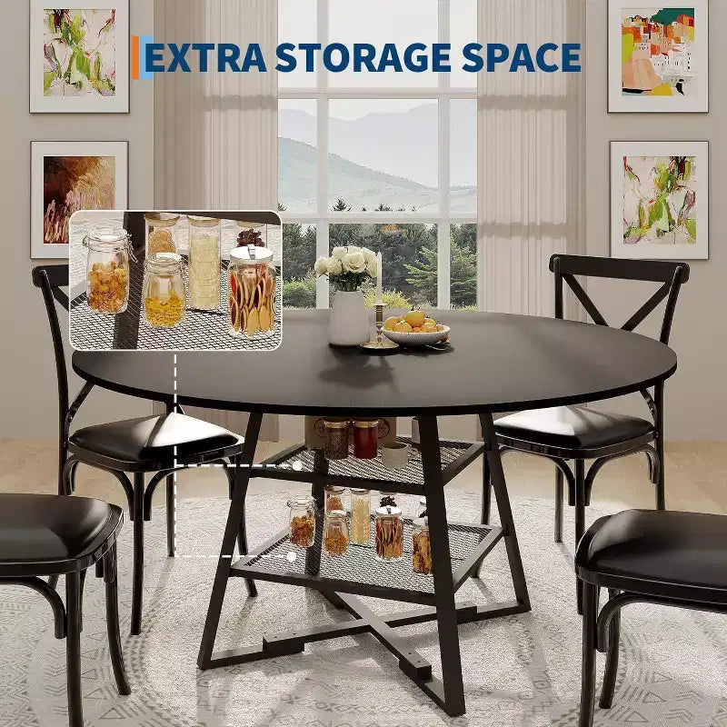 Acekool Table à manger ronde 119 cm avec étagère de rangement, Table de cuisine avec base en métal pour 4-6 personnes