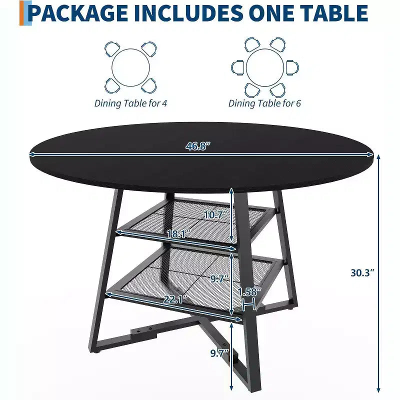 Acekool Table à manger ronde 119 cm avec étagère de rangement, Table de cuisine avec base en métal pour 4-6 personnes